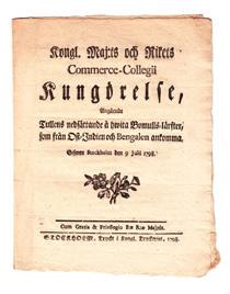 den 6 junii 1782. Stockholm, Kongl. Tryckeriet, 1782. 4:o. (6),+ (2, blanka) s. Lätt fläckig. Tagen ur band. 400:- 23 Kongl.