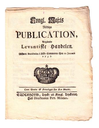 Denna andra gällde också för 10 år. 5 Kongl. Maj:ts nådiga publication angående levantiske handeln. Gifven Stockholm i Råd-Cammaren then 10 januarii 1757. Stockholm, Pet.