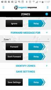 Funktionen finns under fliken zone och Forward message for. Välj vilken grupp (zone) som ska vidarebefordras, (i detta fall zone 2) och programmera in det till en del armaturer i grupp (zone) 1.