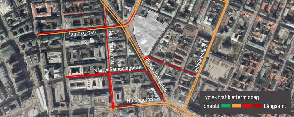 Under förmiddagen är de mest ansträngda gatorna Kungsgatan österut, Mäster Samuelsgatan fram till Norrlandsgatan och Norrlandsgatan mellan Mäster Samuelsgatan och Hamngatan (Figur 2).