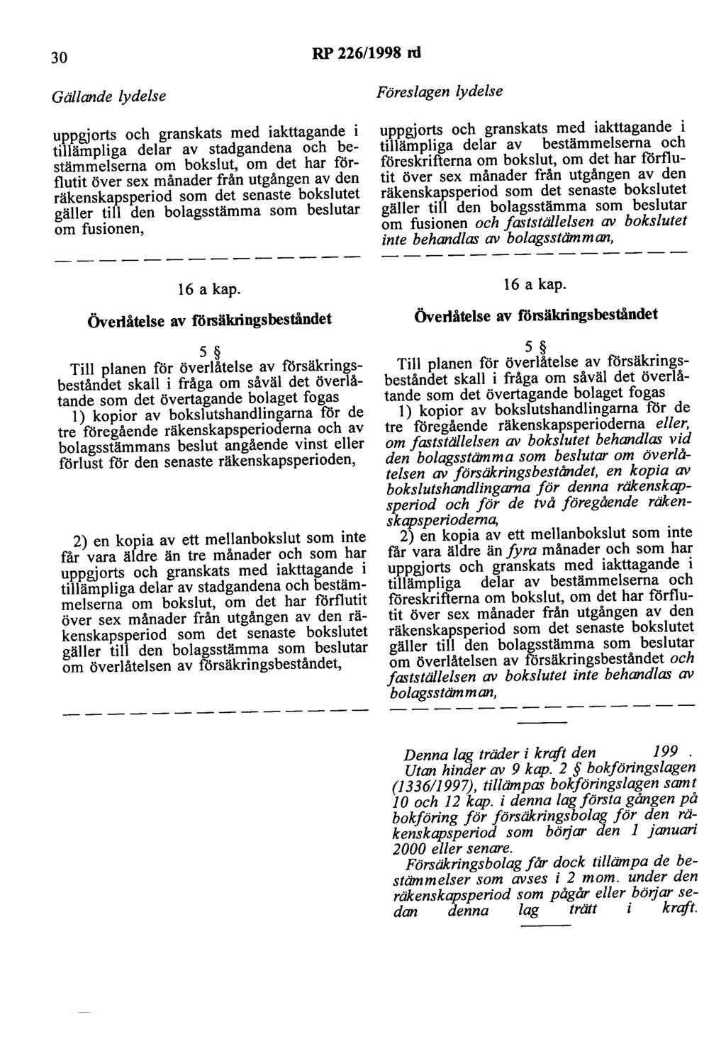 30 RP 226/1998 rd Gällande lydelse uppgjorts och granskats med iakttagande i tillämpliga delar av stadgandena och bestämmelserna om bokslut, om det har förflutit över sex månader från utgången av den