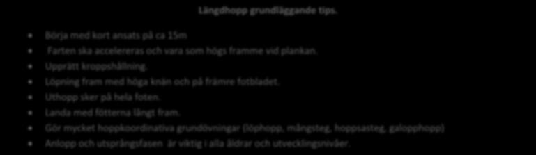 Längdhopp grundläggande tips. Börja med kort ansats på ca 15m Farten ska accelereras och vara som högs framme vid plankan. Upprätt kroppshållning. Löpning fram med höga knän och på främre fotbladet.