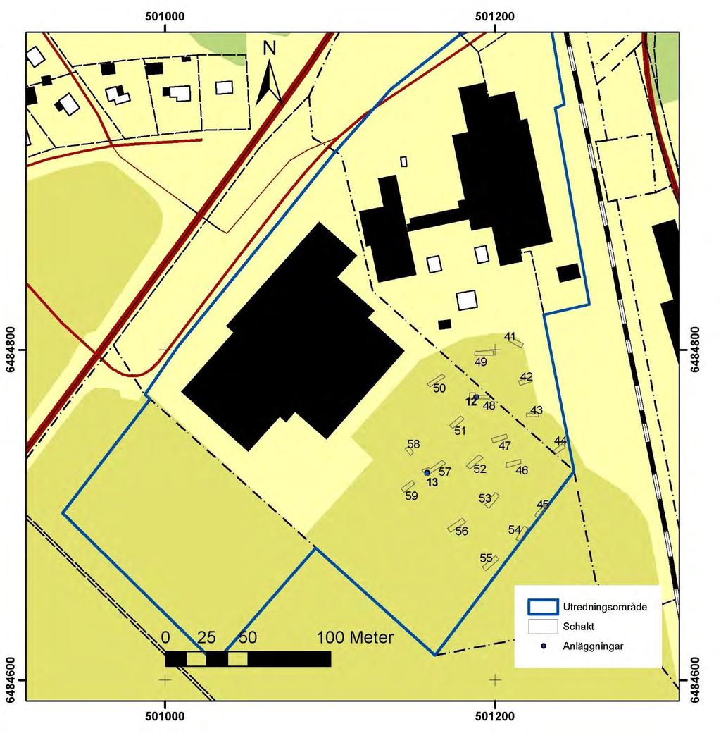 Figur 4 Det södra utredningsområdet med schakt och anläggningar markerade. Underlag: Digitala Fastighetskartan. Skala 1:2 500.