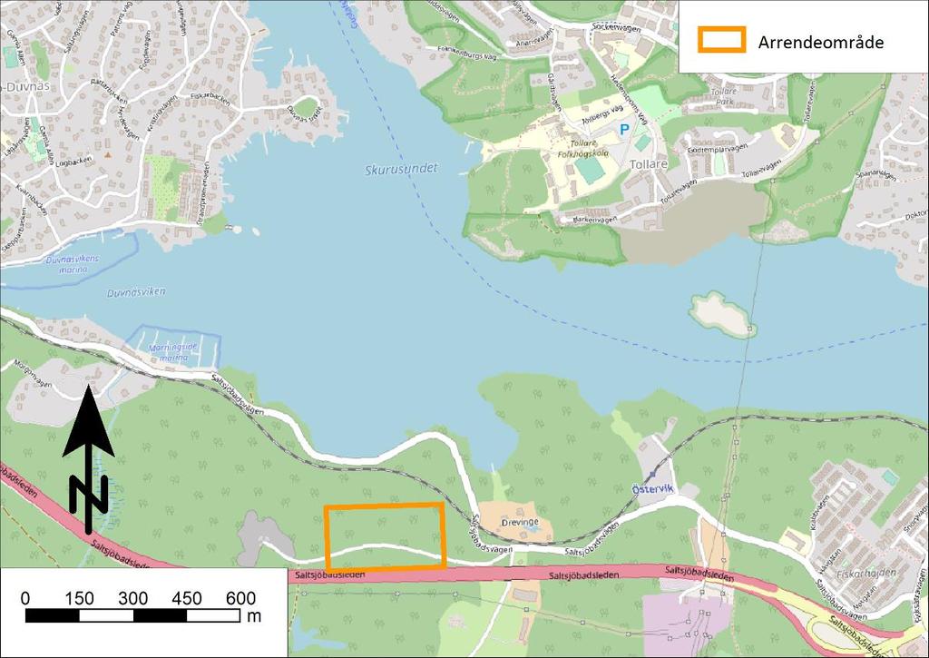 En översikt över arrendeområdet där verksamheten planeras ges i Figur 2. Figur 2. Översikt över arrendeområdet där verksamheten planeras (markerat med orange linje).