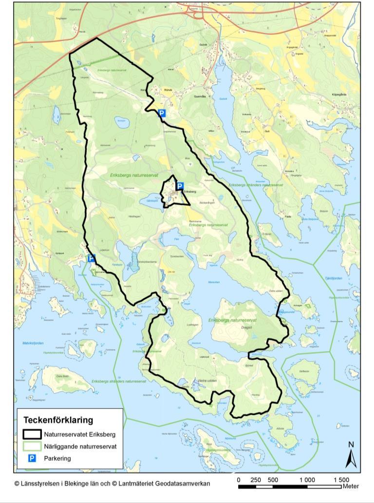 Figur 1. I inventeringsområdet ingick såväl naturreservatet Eriksberg (avgränsat med svart linje) som Eriksbergs stränder (grön linje). (Länsstyrelsens beslut skötselplan 2009).