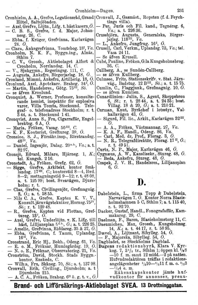 Cronhielm-e-Dag'en. 231 Cronhielm, A. A., Grefve, Legationsråd, Grand Cronvall, J., Gasmäst., Ropsten (f. d. Feych- Hötel, Saltsjöbaden.. tings villa). - Axel, Grefve, Löjtn., Lifg. t.hästkasern,o.
