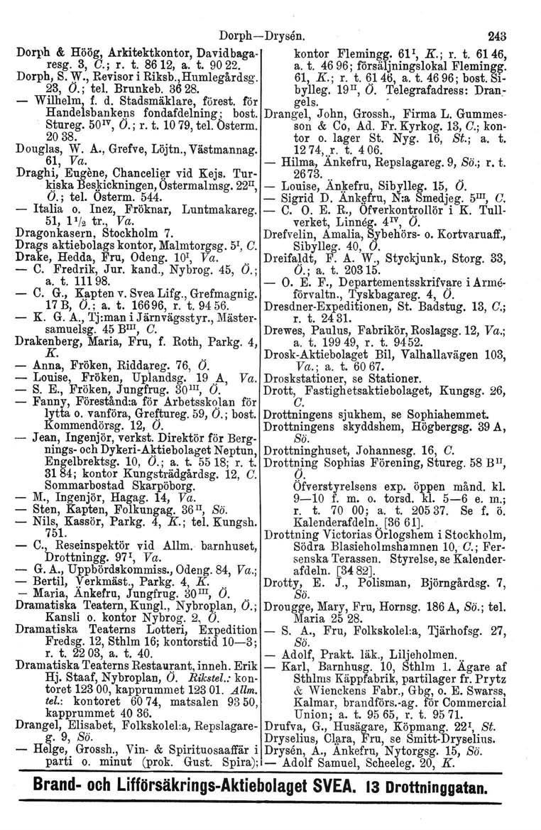 Dorph-i-Drysen. 243 Dorph & Höög, Arkitektkontor, Davidbaga- kontor Flemingg. 61 I, K.; r. t. 6146, resg. 3, C.; r. t. 8612, a. t. 9022. a. t. 4696; försäljningslokal Flemingg. Dorph, S. Vf.