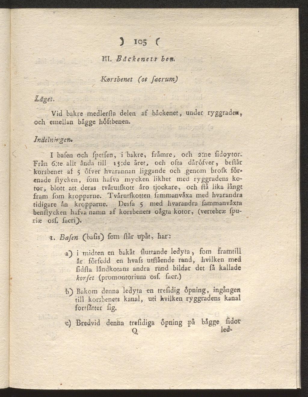 ) 105 ( Hl. Bäckenets hem* Korsbenet (os facrumj Lä-get. Vid bakre medlerfla delen och emellan bagge höftbenen.