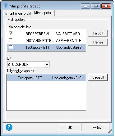 7 Fler apotek kan läggas till. Markera det apotek som ska vara förvalt i kryssrutan.