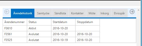 Ärendehistorik Här finns patientens tidigare ärenden med Ärendenummer, Status, Startdatum samt Stoppdatum.