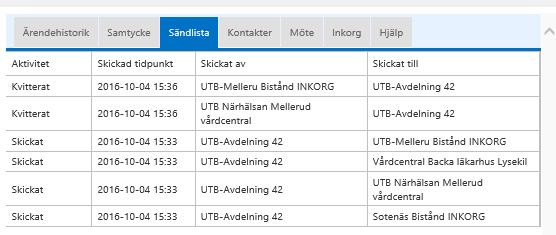 Sändlista I Sändlistan visas information för valt meddelande på den vänstra sidan exempelvis Inskrivning.