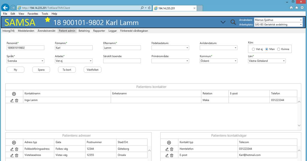 Patient Admin Administrering av patienter och patientuppgifter sker under fliken Patient admin.