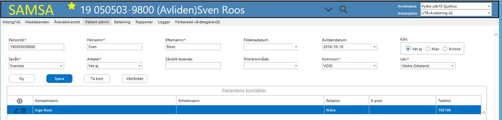 Fyll i personid på formatet ÅÅÅÅMMDDnnnn och tryck på Västfolket. Alternativt fyll i uppgifterna och klicka på knappen Spara. Personid på formatet BefReg kan registreras.