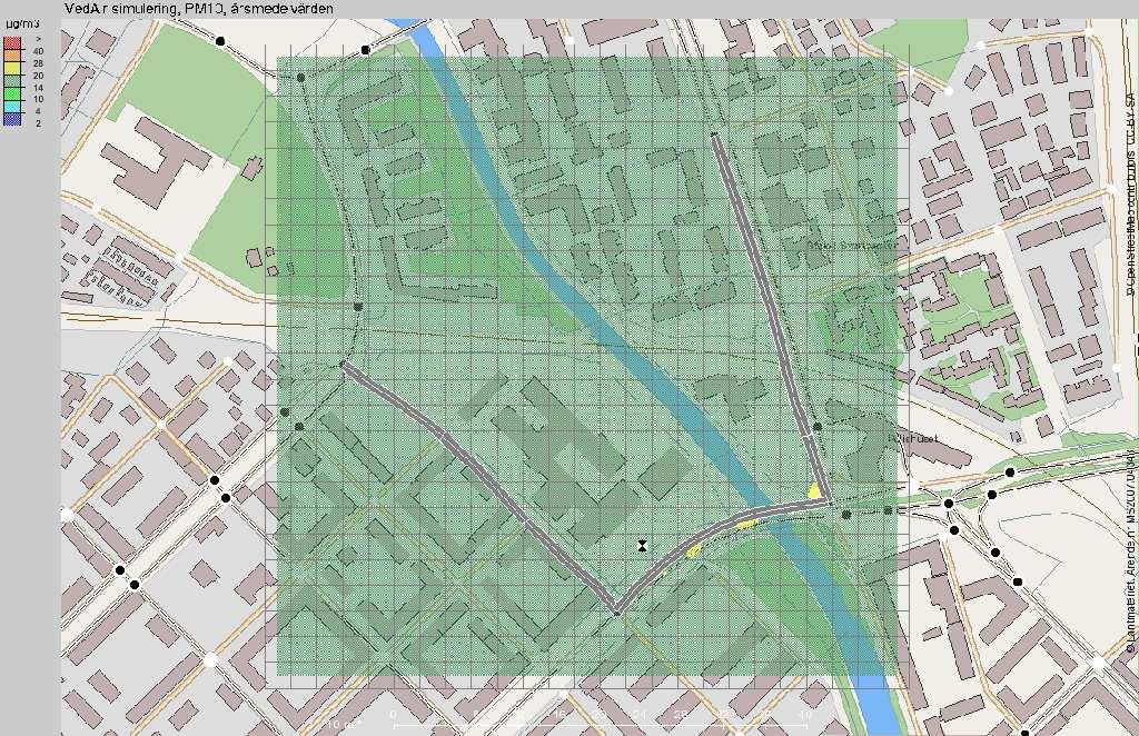 Figur 9 Visar årsmedelhalter av PM10 för simulerade halter 2020