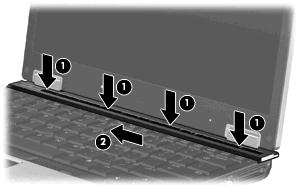 3. Sätt tillbaka tangentbordet. 4. Tryck nedåt på de fyra angivna platserna på kontaktlocket (1), och se till att krokarna hakar i.