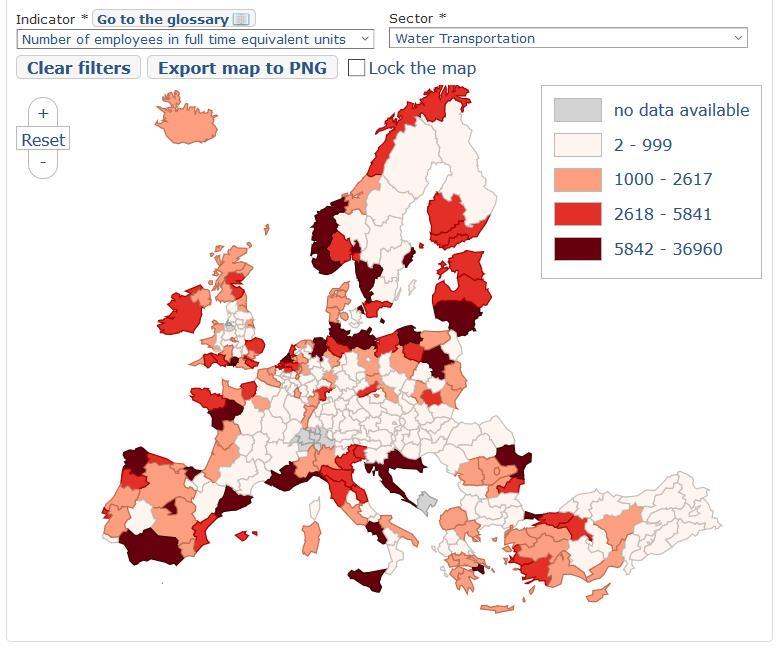Sjöfartskluster i Europa Water transportation 2013 Employees RO22 Sud- Est 28 211 PL12 Mazowieckie 25 401 EL30 Attiki 21 467 NO05 Vestlandet 19 615 NO04 Agder og Rogaland 16 418 ITC3 Liguria 15 676