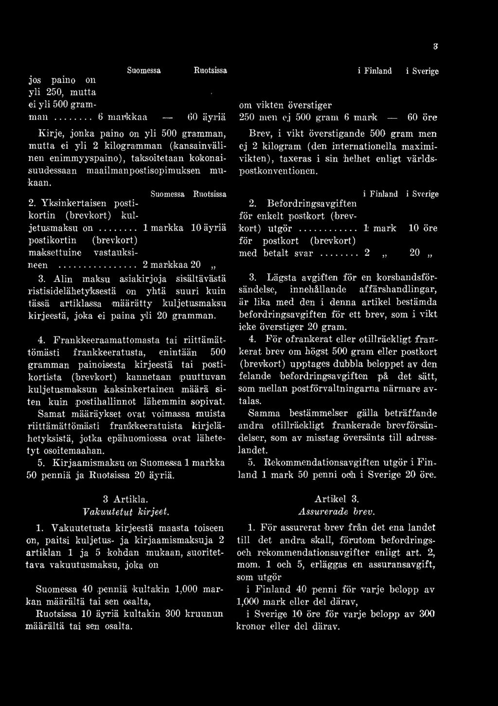 Suomessa Ruotsissa 2. Yksinkertaisen postikortin (brevkort) kuljetusmaksu o n... 1 markka 10 äyriä postikortin (brevkort) maksettuine vastauksineen... 2 markkaa 20 3.