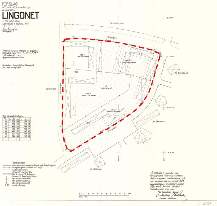 Förslag till ändrad tomtindelning av kvarteret Lingonet i Köpings stad, (1983K-A1654) laga kraft 15 september 1965. Inom rödmarkerat område avses fastighetsindelningsbestämmelsen upphöra.