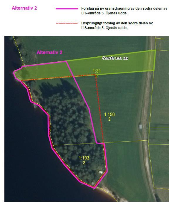 37 (48) Fastighetsägaren har bifogat 2 förslag på alternativa gränsdragningar för den södra delen av det föreslagna LIS-området 5. Öjenäs udde.