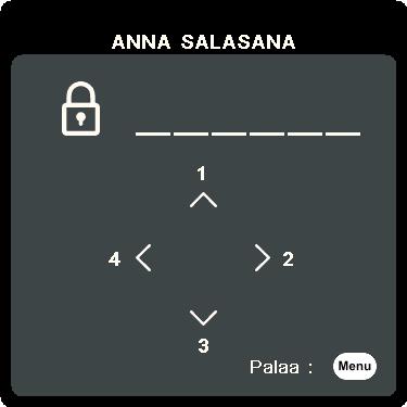 Salasanatoiminnon käyttäminen Turvallisuussyistä ja luvattoman käytön estämiseksi projektorissa on valinta salasanan asettamiseen. Salasana voidaan asettaa On-Screen Display (OSD) -valikossa.