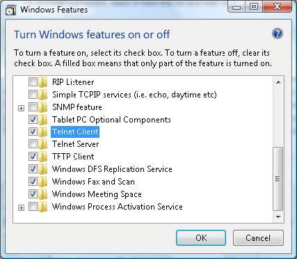 3. Avaa valitsemalla Kytke Windows-ominaisuudet päälle tai pois. 4. Valitse Telnet Client-valinta ja paina OK-painiketta. "RS232 by TELNET"-tekniset tiedot: 1. Telnet: TCP. 2. Telnet-portti: 4661.