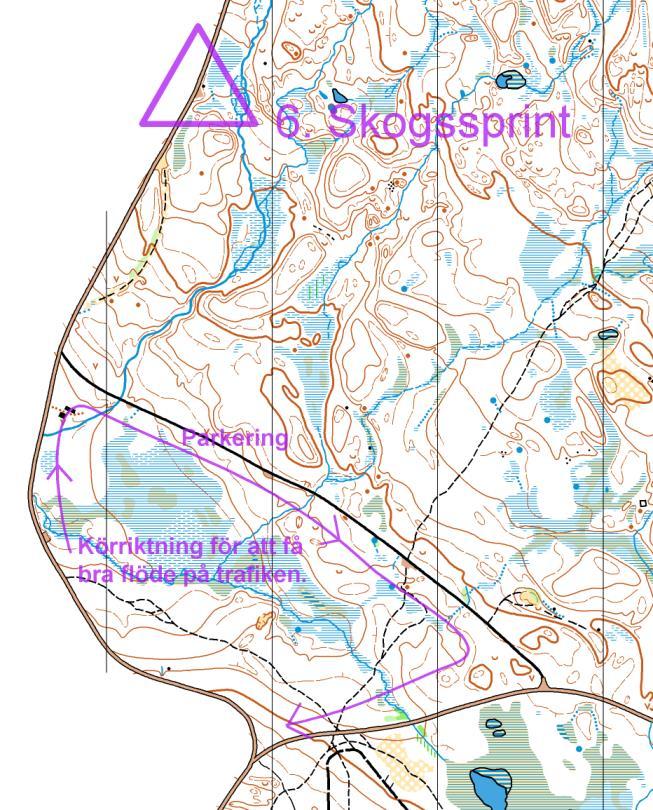 Skala 1:5 000 Violett 3,3 km, går att anpassa längden. Orange 2,6 km, går att anpassa längden. Det första jag kollar på när jag lämnar en kontroll är min utgångsriktning.