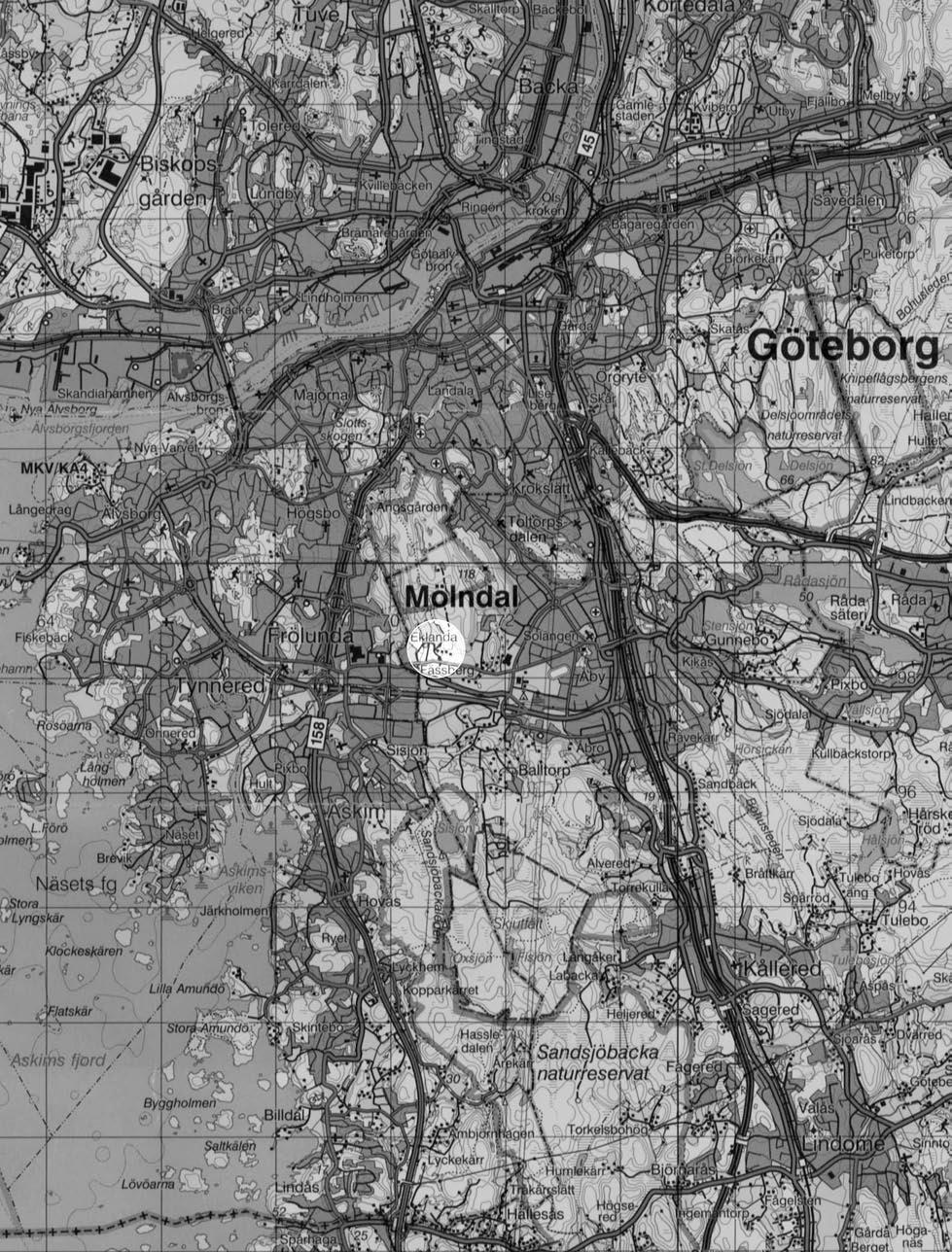 Fig. 2. Utsnitt ur Blå kartan, blad 61 Göteborg, med platsen för undersökningen markerad. Skala 1:100 000.