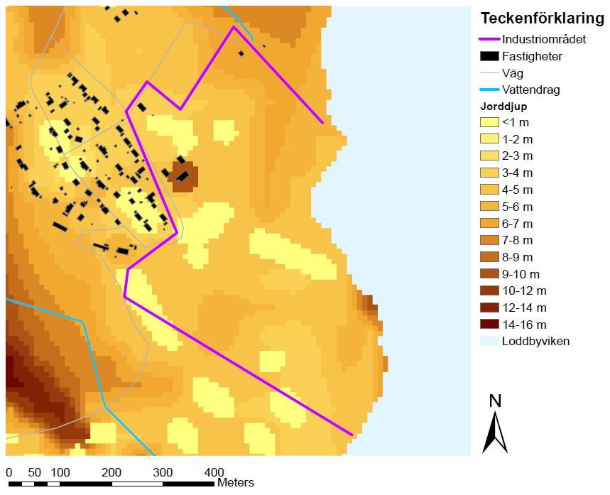 Figur 18 Jorddjup i Loddby f.d. sulfitmassabruk enligt SGU:s jorddjupskarta Sveriges Geologiska Undersökning. De geosonderingar som har utförts ända ned till berg vid Loddby f.d. sulfitmassabruk och i Loddbyviken tyder på att bergläget i området varierar mellan 0,4 och 25,5 meter under markytan, se Figur 19.