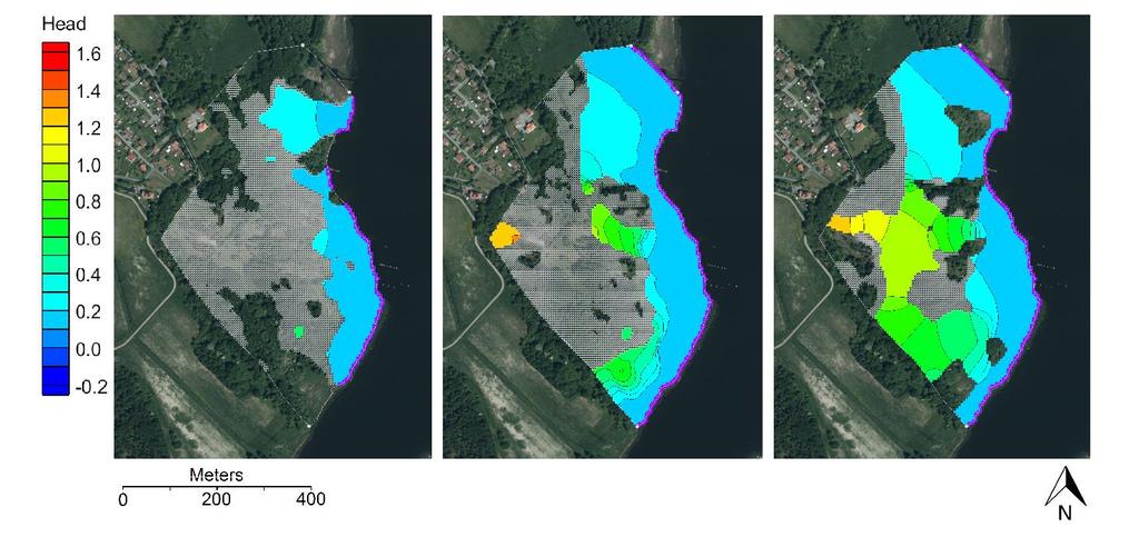 FLUKTUATIONER I LODDBYVIKENS VATTENNIVÅ För att undersöka hur fluktuationer i den angränsande Loddbyvikens vattenstånd påverkar grundvattenströmningen i Loddby f.d. sulfitmassabruk ansattes antaget låga och höga vattennivåer i viken till modellens nordöstra och östra rand.