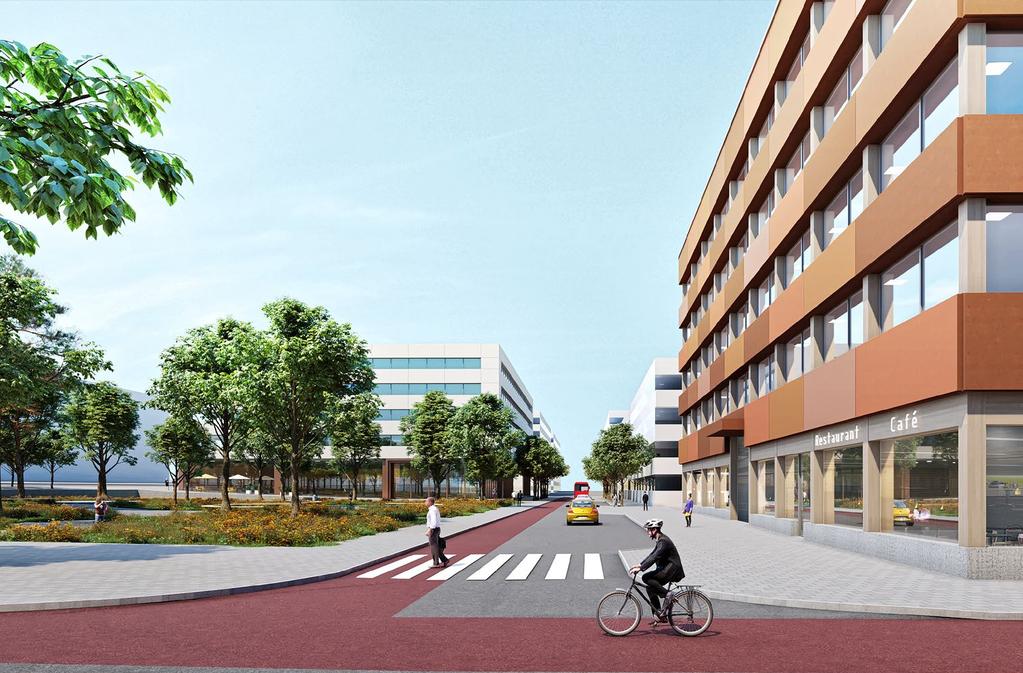 Parkens plushöjder anpassas något för att möjliggöra parkentréer utan trappor längs Digitalgatan Befintlig vy från Kistagången Vy