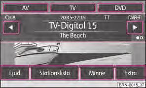 22 MEDIA-funktion TV-funktion Översikt Förklaring av fackbegrepp "Marksänd digital-tv" eller DVB-T (Digital Video Broadcasting-Terrestric) Med DVB-T blev digitala TV-signaler markbundet överförda och