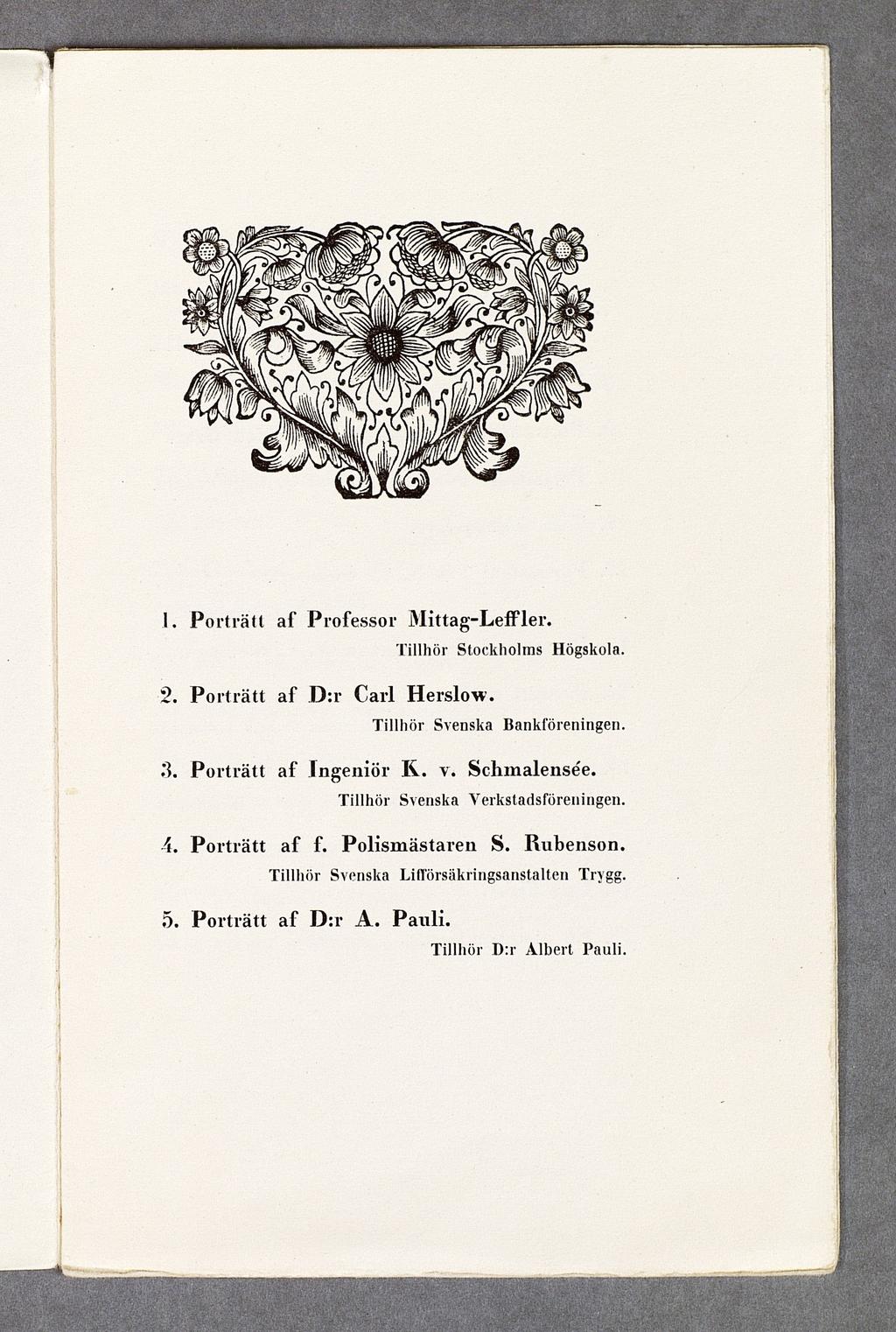 1. P o rträtt af Professor M ittag-leffler. T illh ö r S to ck h o lm s H ög sk o la. 2. P o rträtt a f D :r Carl H erslow. T illh ö r S v en sk a B a n k fö ren in g en. 3. P o rträtt af Ingeniör K.