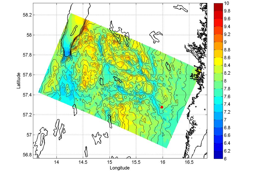 Figure 5-3: Average wind speed estimates for an area around Ryningsnäs (red point) from WRF 1 km runs at 100 m height above zero plane displacement level using standard model settings for Sep.
