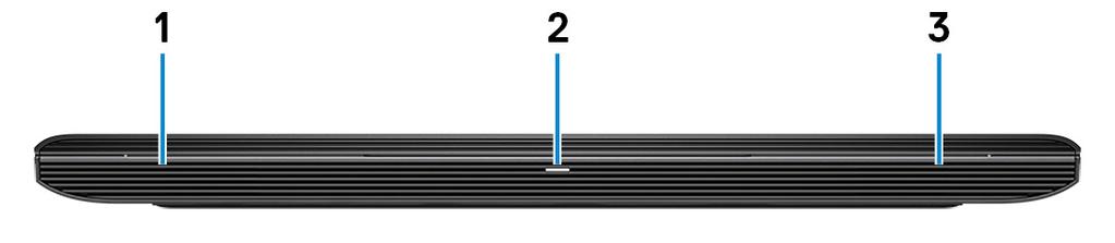 4 Vyer Framsida 1 Vänster högtalare Ger ut ljud. 2 Ström-/batteristatuslampa/hårddiskaktivitetslampa Indikerar status för batteriladdning eller hårddiskaktivitet.