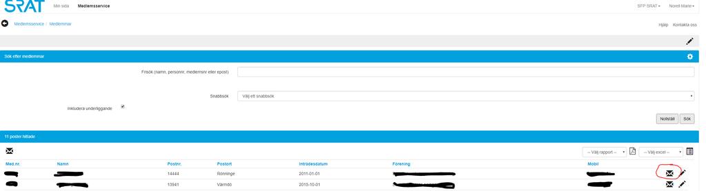 Skicka e-post till en enskild medlem Du kan skicka e-post till en medlem. Du klickar då på kuvertet till längst till höger på raden för medlemmen.