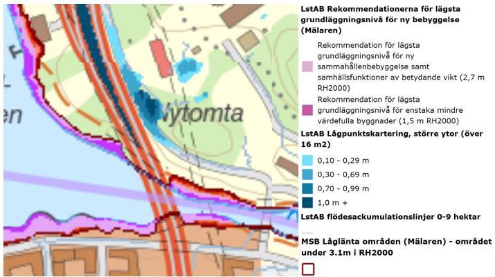 Sida 24 av 30 + 7 m (enligt den geotekniska utredningen) vilket innebär att planområdet inte kommer att drabbas av översvämningar på grund av Mälaren i en situation där vattnet stiger till + 2,7 m i