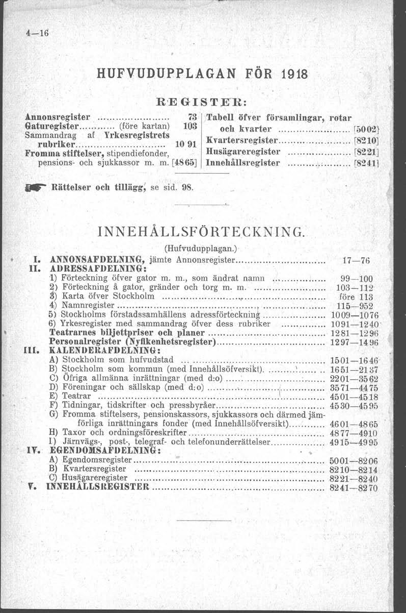 <1-Hi HUFVUD.UPPLAGAN FÖR 1918 R'EGISTEU: A.nnonsregister 0'3 ;'fabell öfver församlingar, rotar Gaturegister... (före kartan) 103 och kvarter [Ö002}. Sammandrag af Yrkesregistrets rubriker.