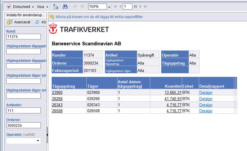Nedan visas den nya rapporten, Drillrapport, Ordrar till detaljer. Detaljerna för artikeln Spåravgift visas och detta visas i rapporthuvudet (röd cirkel) samt i vänster panel (röd cirkel).