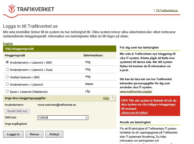 Ange SMS-kod i fältet (röd cirkel) och