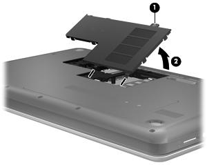 5. Ta bort minnesmodulfackets panel (2). 6. Ta bort den befintliga minnesmodulen om du tänker byta ut den: a.