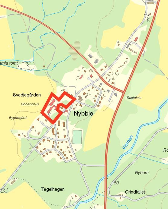 PLANDATA Lägesbestämning Karta: Planområdet (röd linje) i Nybble tätort Areal Planområdet omfattar ca 1.9 hektar.