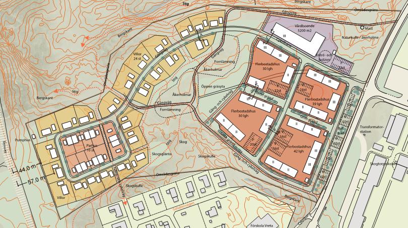 bostäder (villor, parhus, fristående hus och radhus) inom området. Söder om Rosenforsvägen finns fotbollsplaner, Skogstorpsskolan, Förskola Vreta och bostäder. Figur 4.