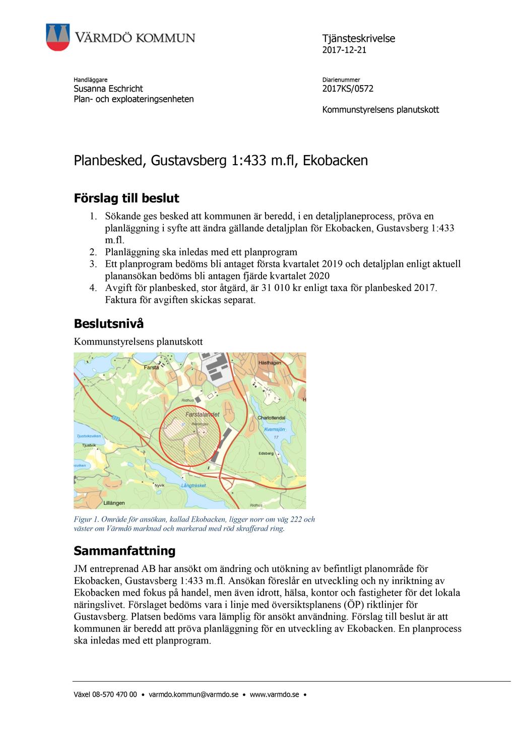 Tjänsteskrivelse 2017-12 - 21 Handläggare Susanna Eschricht Plan - och exploateringsenheten Diarienummer 2017KS/0572 Kommunstyrelsens planutskott P lanbesked, Gustavsberg 1:433 m.