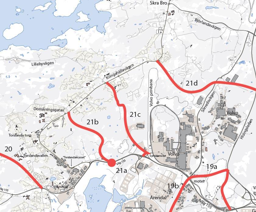 Översiktsplanens karta med olika alternativa kommunikationsreservat för ny vägförbindelse i Torslanda. (Översiktsplan för Göteborg del 3, sid 82, läge 21c).