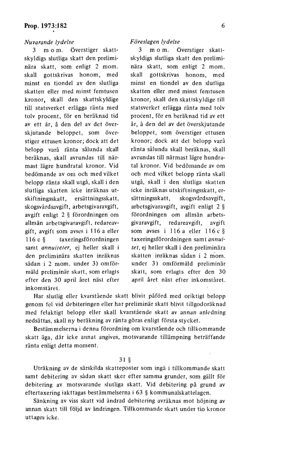 Prop. 1973:182 6 Nui arande lydelse 3 mo m. Överstiger skattskyldigs slutliga skatt den preliminära skatt, som enligt 2 mom.