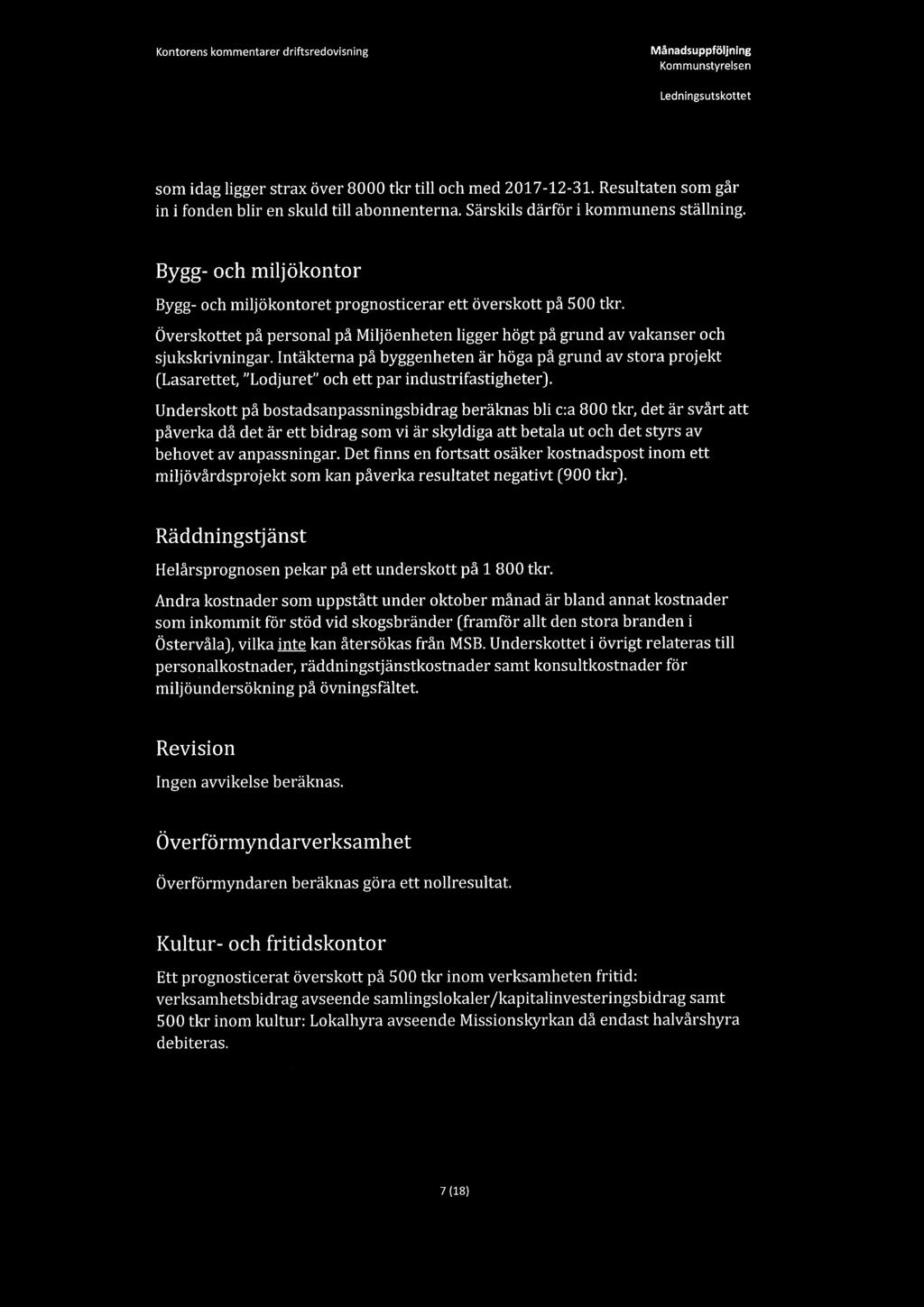 Kontorens kommentarer driftsredovisning Månadsuppföljning som idag ligger strax över 8000 tkr till och med 2017-12-31. Resultaten som går in i fonden blir en skuld till abonnenterna.