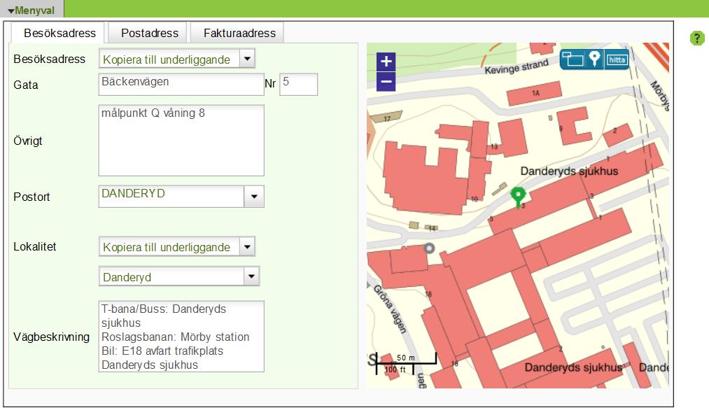 6 Enhet - Adress Under menyvalet Adress anges mottagningens adressuppgifter, vägbeskrivning och kartposition. 5 2 2 3 4.