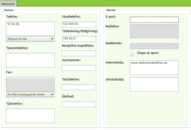 Enhet - Kontakt Under menyvalet Kontakt anges telefonnummer och webbplats. 2 3 4 5 8 2-7 6 7. Telefon Fyll i mottagningens publika nummer.