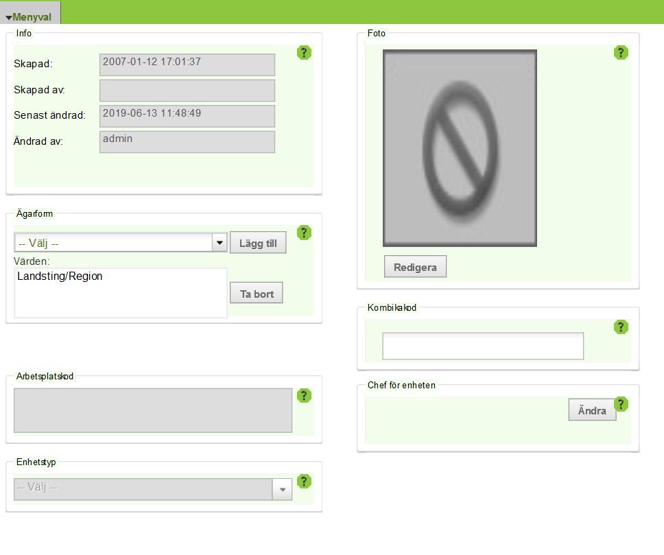 Enhet - Info Under menyvalet Info anges ägarform och foto. 2 2 3. Ägarform Ange om din mottagning drivs i landstings-, kommunal, statlig eller privat regi. 2. Foto Foto för att beskriva mottagningen.