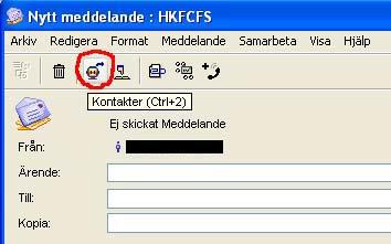 Figur 13. Bild på Nytt meddelande-fönster, den markerade ikonen öppnar Kontakt-funktionen som testperson 3 förväxlade med Katalog-funktionen.